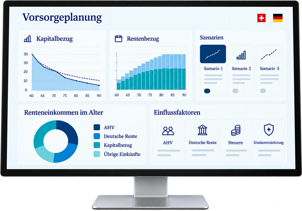 Vorsorge-Software von Guttenberger: Szenarien für Kapitalbezug, Rentenbezug, Renteneinkommen im Alter und Einflussfaktoren wie AHV, deutsche Rente, Steuern und Krankenversicherung